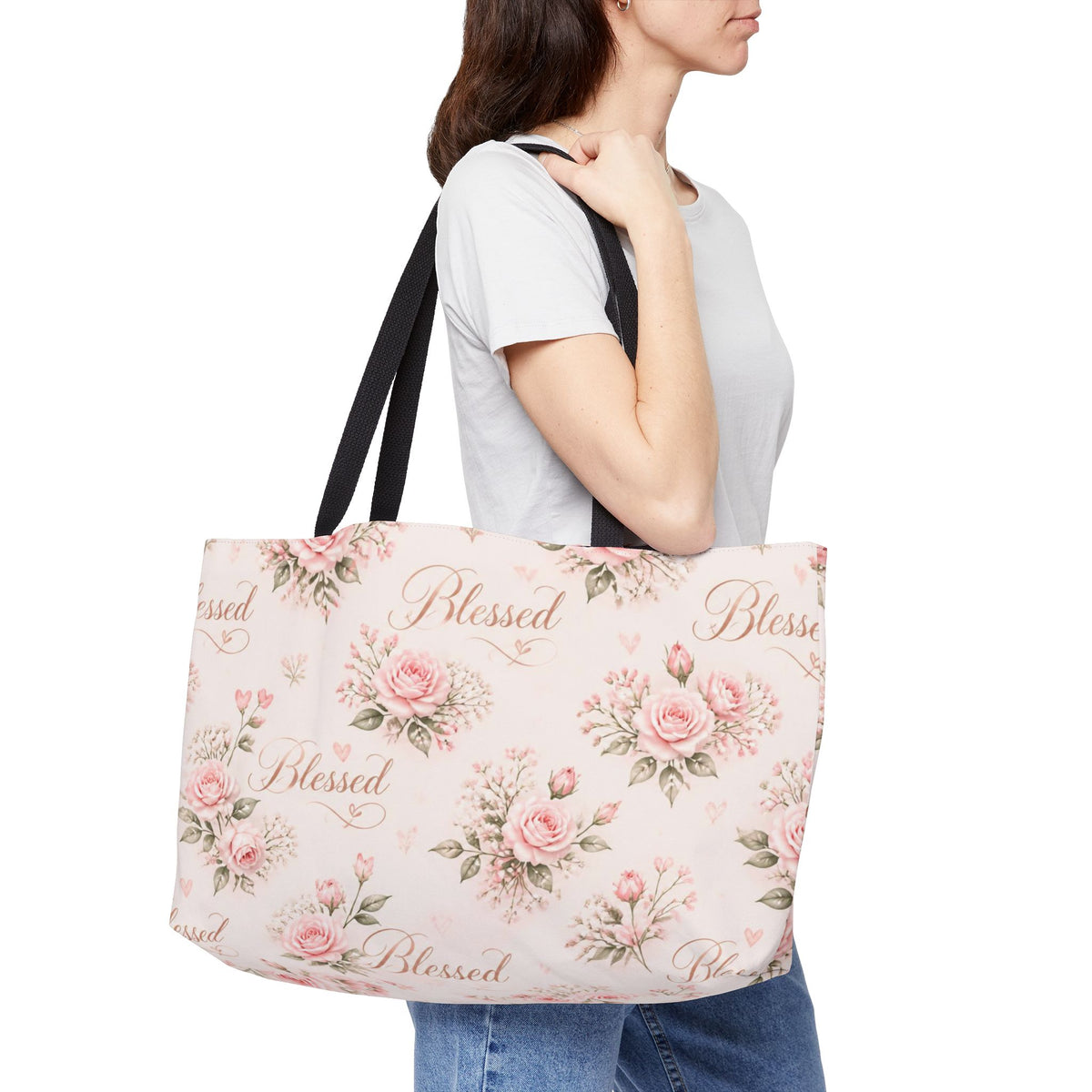 Blessed Floral Weekender Tote Bag — Pink Rose Pattern Travel Beach Bag