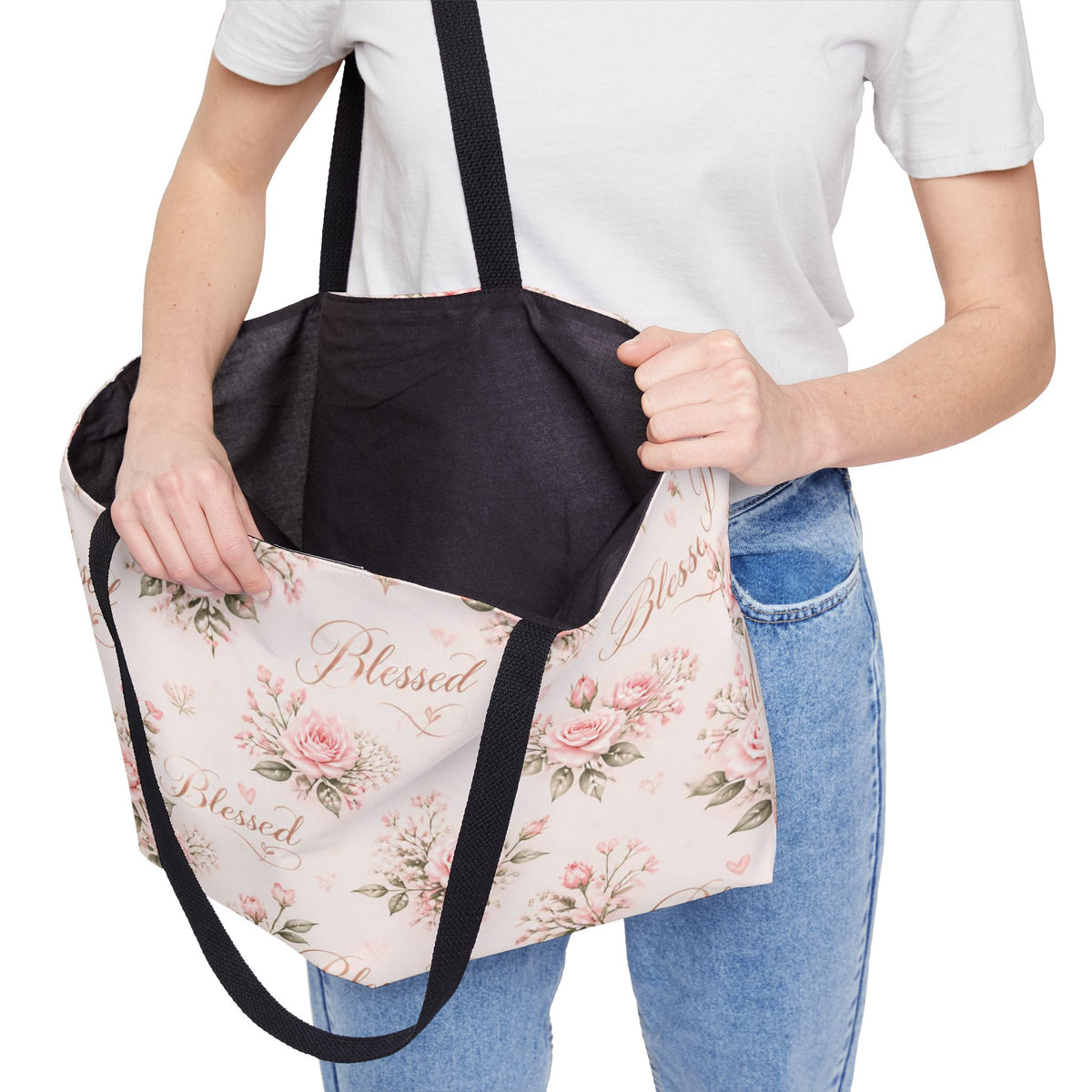 Blessed Floral Weekender Tote Bag — Pink Rose Pattern Travel Beach Bag