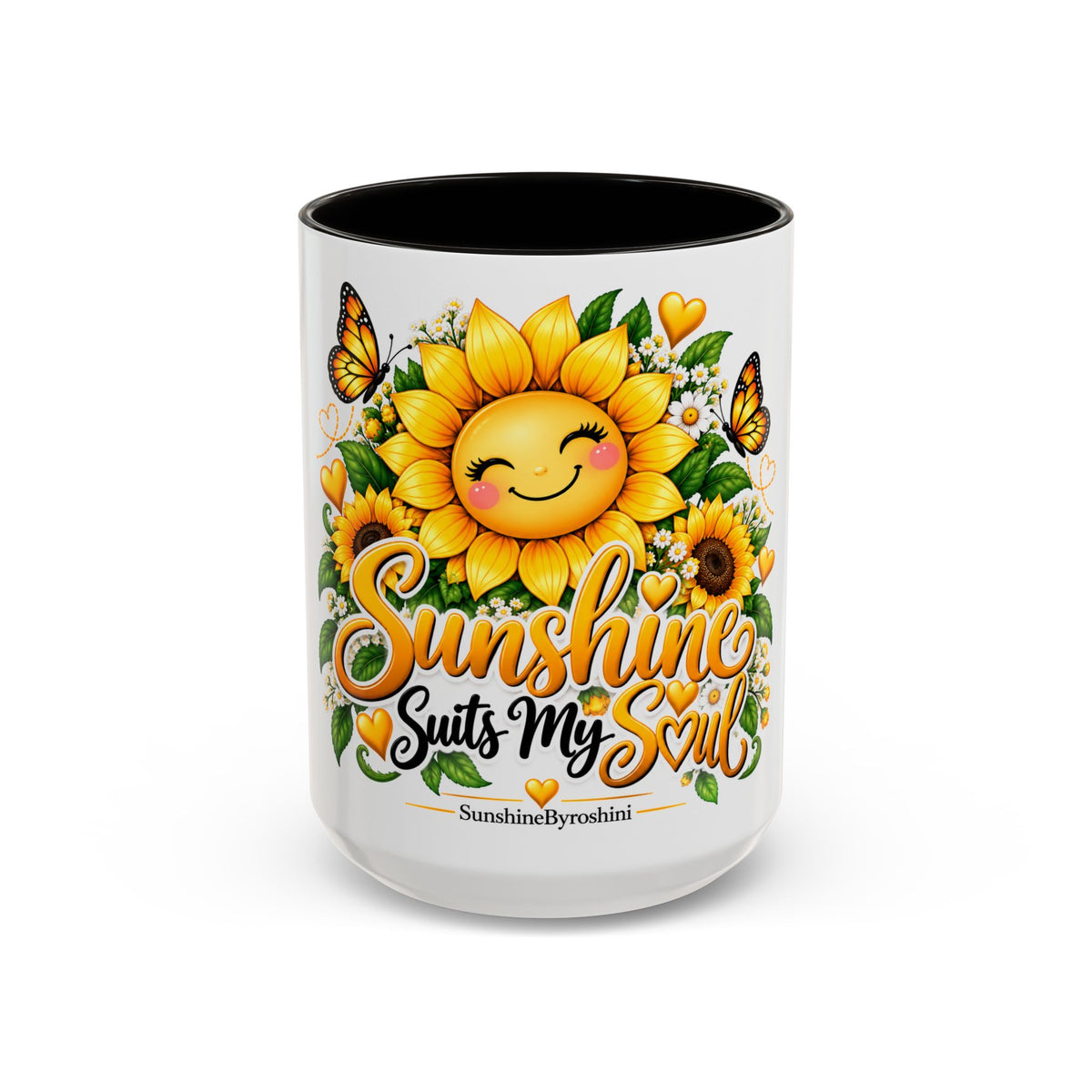 Sunshine Suits My Soul Mug — Sunflower & Butterfly Ceramic Coffee Cup (11oz/15oz)