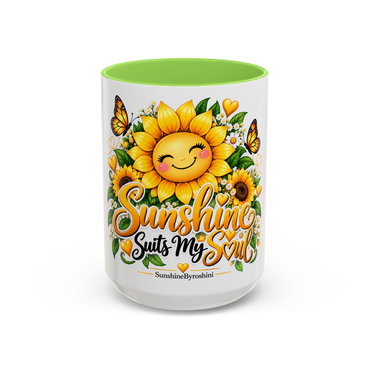 Sunshine Suits My Soul Mug — Sunflower & Butterfly Ceramic Coffee Cup (11oz/15oz)