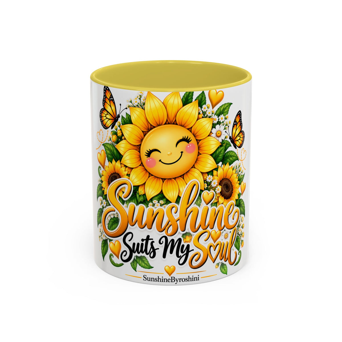 Sunshine Suits My Soul Mug — Sunflower & Butterfly Ceramic Coffee Cup (11oz/15oz)