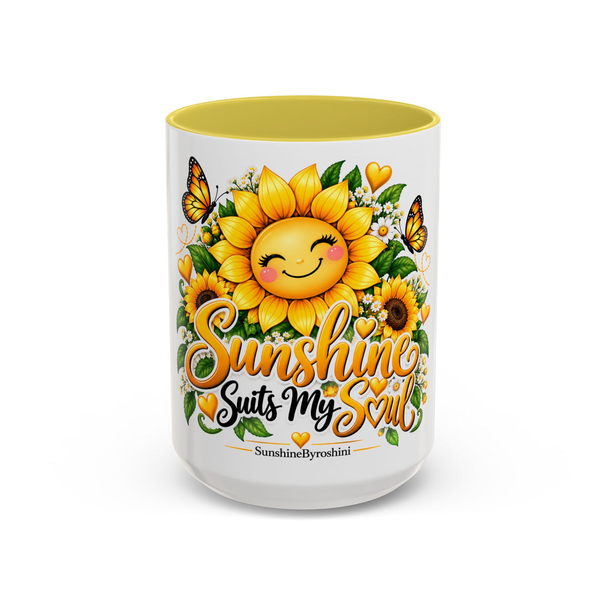 Sunshine Suits My Soul Mug — Sunflower & Butterfly Ceramic Coffee Cup (11oz/15oz)