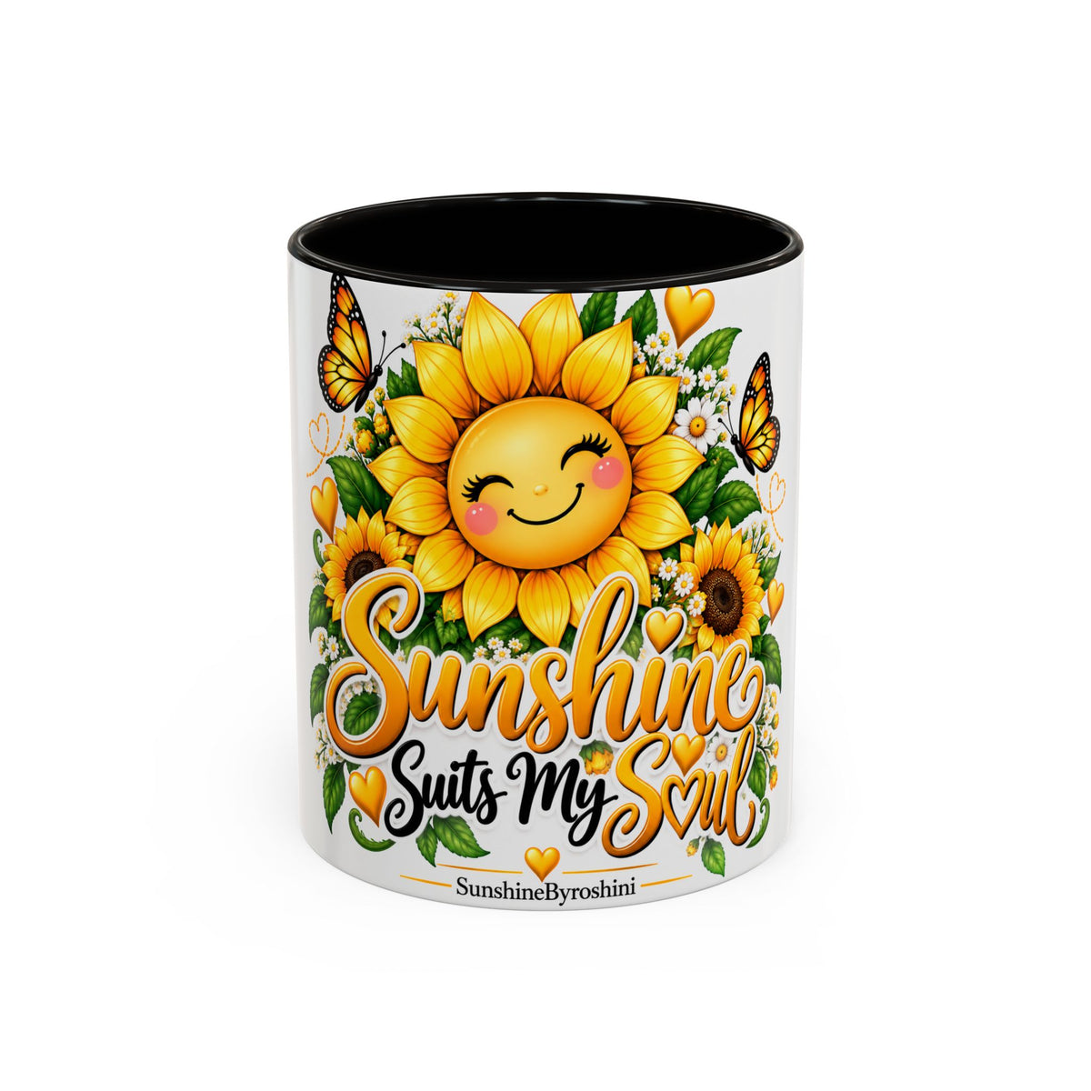 Sunshine Suits My Soul Mug — Sunflower & Butterfly Ceramic Coffee Cup (11oz/15oz)