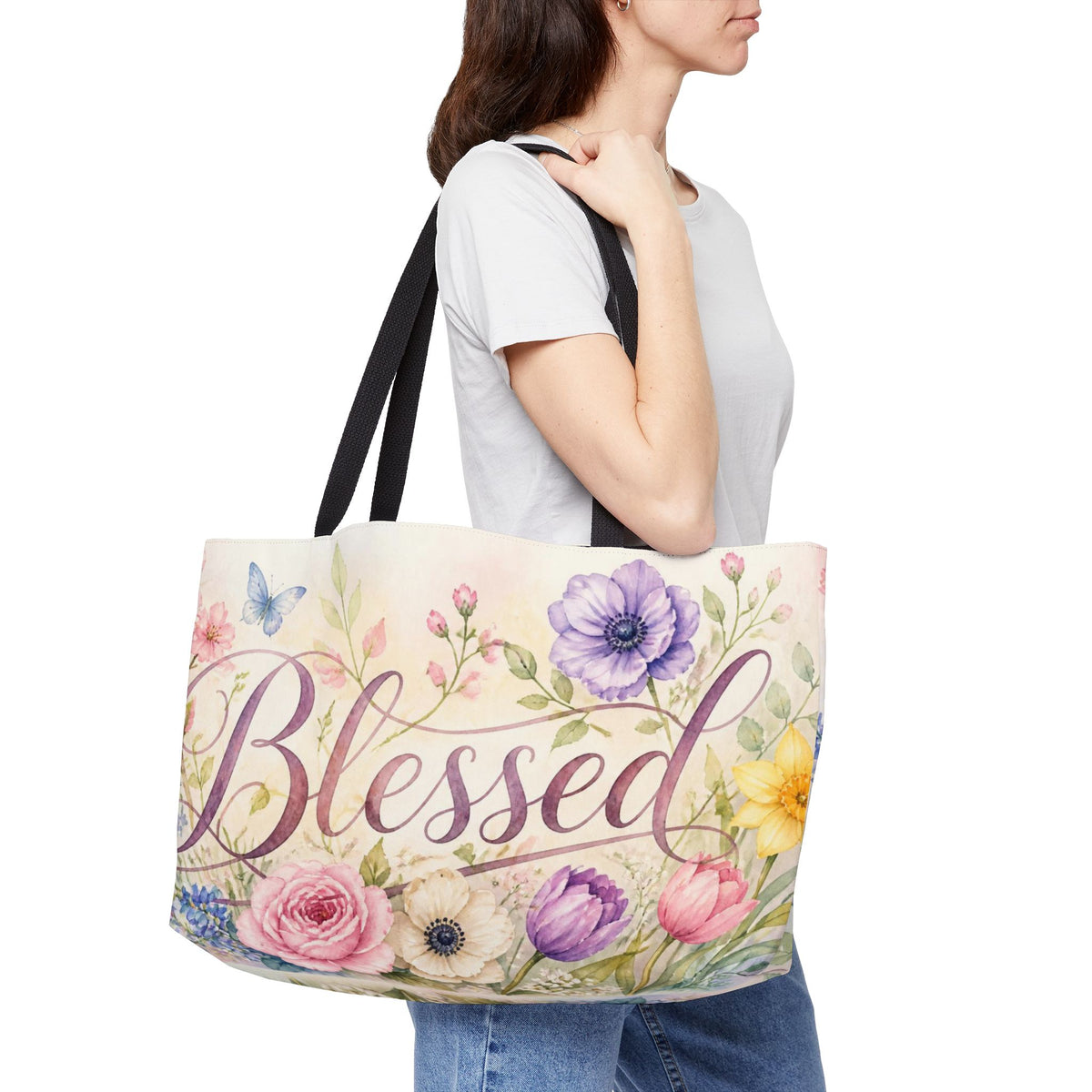 Blessed Floral Weekender Tote — Christian Gift for Women 50+ | Church & Travel Bag