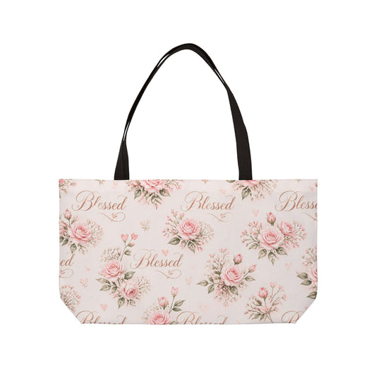 Blessed Floral Weekender Tote Bag — Pink Rose Pattern Travel Beach Bag
